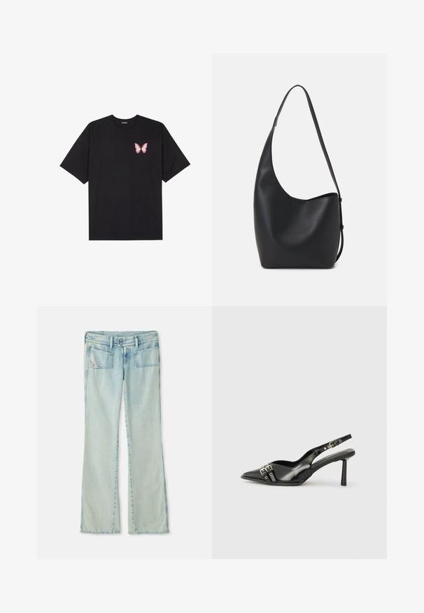 Black cotton t-shirt with short sleeves, featuring a small pink butterfly graphic on the left chest. Crew neck design with a relaxed fit.; Light blue jeans made of denim, featuring a straight leg design, two front pockets, and two back pockets. Faded texture throughout.; Black patent leather slingback shoe with pointed toe, ankle straps featuring silver buckles and hardware, and a slender heel.; Black leather hobo bag with a smooth texture, curved shape, and single adjustable strap; features a wide opening at the top.