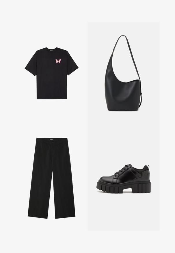 Czarny bawełniany t-shirt z krótkim rękawem, z małym różowym motylkiem na lewej piersi. Klasyczny dekolt z luźnym fasonem.; Czarne szerokie spodnie wykonane z gładkiego materiału, z zapięciem na guzik z przodu i dwoma bocznymi kieszeniami; czysty design bez widocznych wzorów.; Czarne skórzane buty na platformie z masywnym słupkowym obcasem, okrągłym noskiem i klasycznym sznurowaniem. Posiadają gładką teksturę i minimalne wykończenia.; Czarna skórzana torba hobo o gładkiej fakturze, zaokrąglonym kształcie i pojedynczym, regulowanym pasku; posiada szerokie otwarcie na górze.