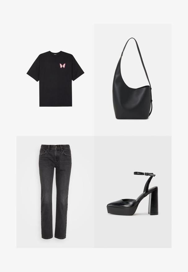 Tricou negru din bumbac cu mâneci scurte, având pe partea stângă a pieptului un mic grafic cu un fluture roz. Design cu guler rotund și croială lejeră.; Jeans din denim negru cu croială dreaptă, având un design clasic cu cinci buzunare, fermoar și cusături contrastante pe margini.; Pantofi cu toc platformă negri, cu vârful ascuțit și curea reglabilă la gleznă. Confecționați din piele netedă, având un toc gros.; Geantă hobo din piele neagră, cu o textură netedă, formă curbată și un singur bretele ajustabil; are o deschidere largă în partea de sus.