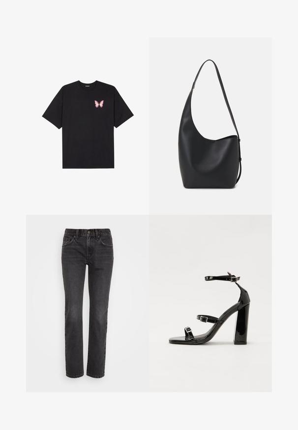 Camiseta de algodón negra de manga corta, con un pequeño gráfico de mariposa rosa en el lado izquierdo del pecho. Diseño de cuello redondo con un corte relajado.; Jeans de mezclilla negra con un corte recto, que presentan un diseño clásico de cinco bolsillos, cierre con cremallera y costuras en contraste a lo largo de las costuras.; Sandalias de tacón de charol negro con punta cuadrada, correas en el tobillo y hebillas plateadas. Presentan un tacón grueso para mayor estabilidad.; Bolso tipo hobo de cuero negro con una textura suave, forma curvada y una sola correa ajustable; presenta una amplia apertura en la parte superior.