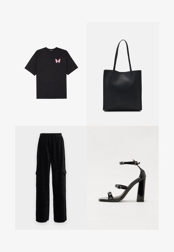 Black cotton t-shirt with short sleeves, featuring a small pink butterfly graphic on the left chest. Crew neck design with a relaxed fit.; Black corduroy cargo pants with a wide leg design, featuring an elastic waistband and two side pockets. Vertical ribbed texture throughout.; Black patent heeled sandals with a square toe, ankle straps, and silver buckles. Features a chunky block heel for stability.; Black leather tote bag with smooth texture, rectangular shape, and two long handles. No visible hardware or embellishments.