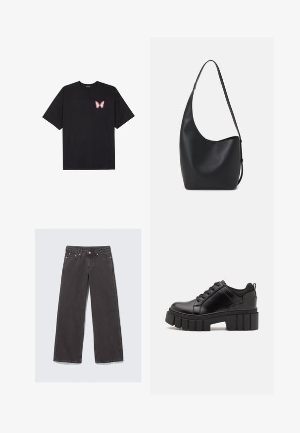 Tricou negru din bumbac cu mâneci scurte, având pe partea stângă a pieptului un mic grafic cu un fluture roz. Design cu guler rotund și croială lejeră.; Jeans cu picioare largi, fabricate din denim gri închis. Caracteristicile includ talie înaltă, accesorii din cupru și design clasic cu cinci buzunare.; Pantofi cu talpă plată din piele neagră, cu toc gros, vârf rotund și design tradițional cu șireturi. Prezintă o textură netedă și detalii minime.; Geantă hobo din piele neagră, cu o textură netedă, formă curbată și un singur bretele ajustabil; are o deschidere largă în partea de sus.