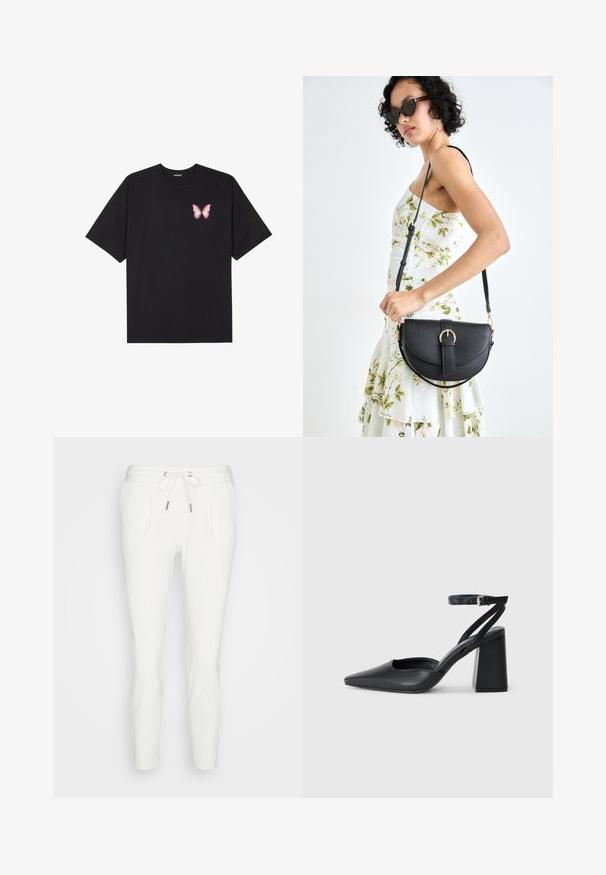 Black cotton t-shirt with short sleeves, featuring a small pink butterfly graphic on the left chest. Crew neck design with a relaxed fit.; White sweatpants made of soft fabric, featuring a drawstring waist, two side pockets, and a tapered fit with no visible patterns or accents.; Black leather pointy-toe pump with an ankle strap and a chunky heel. Flat texture, sleek design, and minimalistic aesthetics.; Black leather handbag with a curved shape, detachable strap, and gold hardware. The bag features a flap with a buckle detail.