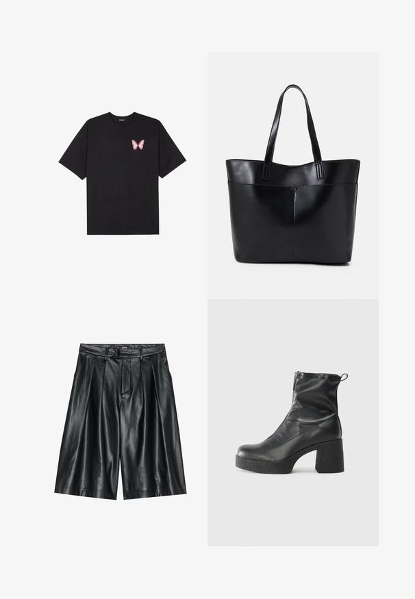T-shirt en coton noir à manches courtes, avec un petit graphique de papillon rose sur la poitrine gauche. Modèle à col rond avec une coupe décontractée.; Shorts en cuir noir avec une texture lisse, dotés d'un design plissé, de passants de ceinture et de poches latérales.; Bottes noires à la cheville en cuir lisse, dotées d'une fermeture éclair sur le côté, d'un talon épais texturé et d'une conception à bout rond.; Sac fourre-tout en cuir noir avec deux longues poignées, une texture lisse et une forme structurée. Dispose d'une poche avant pour un rangement supplémentaire.