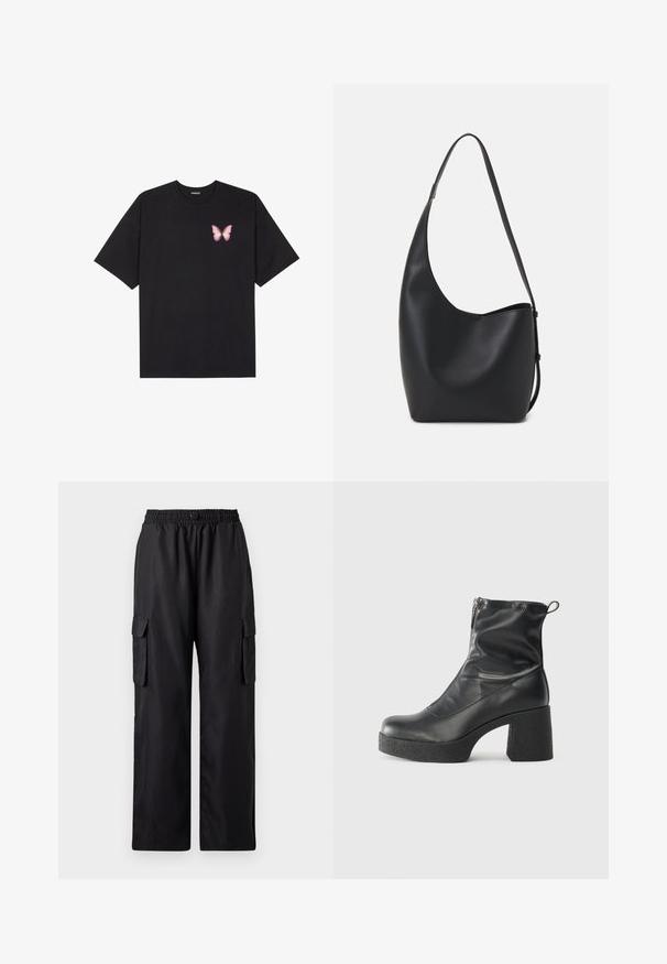 Black cotton t-shirt with short sleeves, featuring a small pink butterfly graphic on the left chest. Crew neck design with a relaxed fit.; Black cargo trousers with an elastic waistband, two side pockets, and a relaxed, wide-leg design. Made from smooth, lightweight material.; Black ankle boots made of smooth leather, featuring a side zipper, chunky textured heel, and rounded toe design.; Black leather hobo bag with a smooth texture, curved shape, and single adjustable strap; features a wide opening at the top.