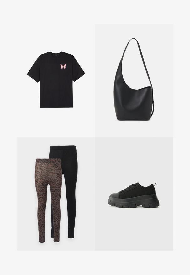 Fekete pamut póló rövid ujjakkal, bal mellkason egy kis rózsaszín pillangó grafikával. Kerek nyakú kialakítás, laza fazonnal.; Két pár leggings: az egyik egyszínű fekete anyagból készült, a másik barna, fekete leopárdmintával, elasztikus derékrésszel.; Fekete sportcipők vastag gumitalppal, texturált szövet felsőrésszel, kerek orral és fűzős kialakítással. Megerősített fűzőlyukakkal és hátsó húzófüllel rendelkezik.; Fekete bőr hobo táska sima textúrával, ívelt formával és egyetlen állítható pánttal; széles nyílás található a tetején.