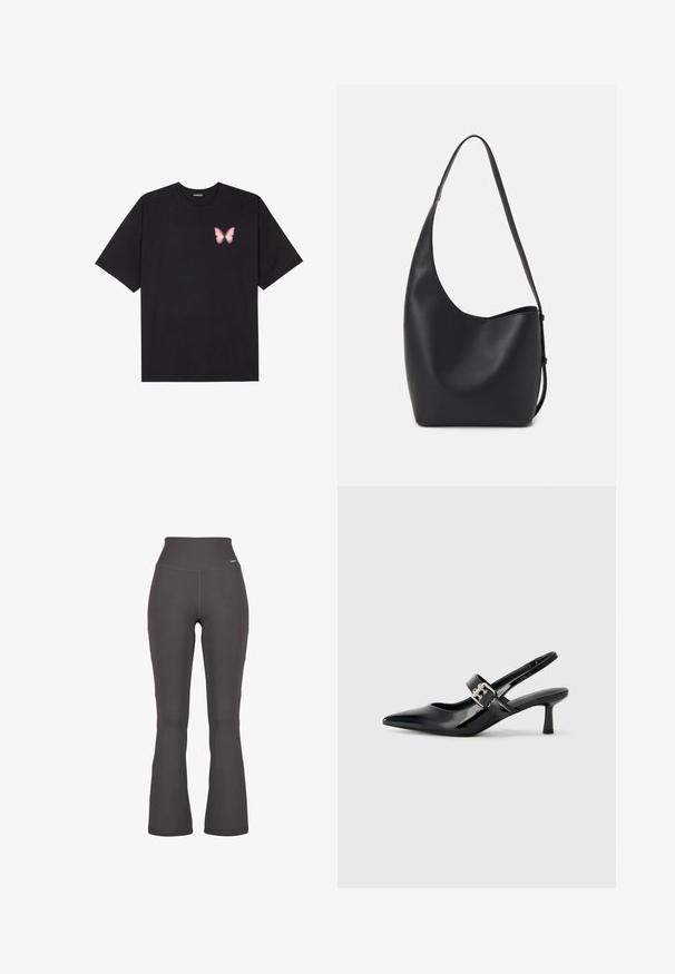 Black cotton t-shirt with short sleeves, featuring a small pink butterfly graphic on the left chest. Crew neck design with a relaxed fit.; Flared dark gray ribbed leggings with high waistband, made of stretchy material; smooth texture with subtle stitching details.; Black patent leather slingback heels with a pointed toe and a small block heel, featuring a silver buckle accent on the strap.; Black leather hobo bag with a smooth texture, curved shape, and single adjustable strap; features a wide opening at the top.