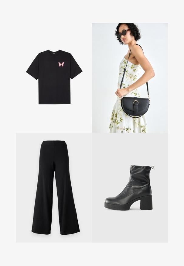 T-shirt en coton noir à manches courtes, avec un petit graphique de papillon rose sur la poitrine gauche. Modèle à col rond avec une coupe décontractée.; Pantalons larges noirs avec une texture douce, dotés d'une taille haute élastique et d'un design droit et fluide, idéaux pour le confort et le mouvement.; Bottes noires à la cheville en cuir lisse, dotées d'une fermeture éclair sur le côté, d'un talon épais texturé et d'une conception à bout rond.; Sac à main en cuir noir avec une forme courbée, bandoulière amovible et des accessoires en or. Le sac est doté d'un rabat avec un détail de boucle.