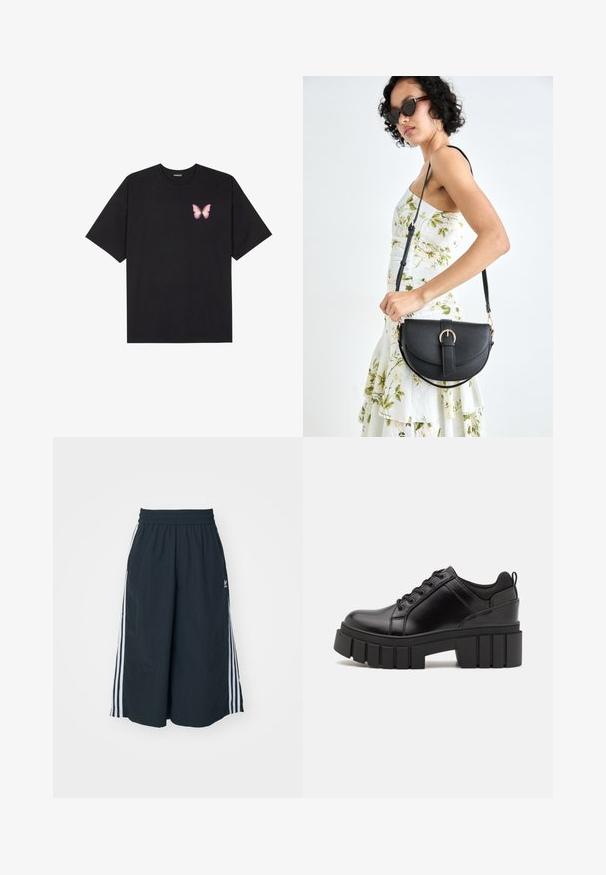 T-shirt de algodão preto com mangas curtas, apresentando um pequeno gráfico de borboleta rosa no lado esquerdo do peito. Design de gola redonda com um corte solto.; adidas Originals CAPRI - Calções - black; Sapatos de plataforma em couro preto com um salto bloco robusto, bico redondo e design clássico de atacadores. Apresentam uma textura suave e detalhes mínimos.; Bolsa de couro preta com forma curva, alça destacável e detalhes em dourado. A bolsa possui uma aba com detalhe de fivela.