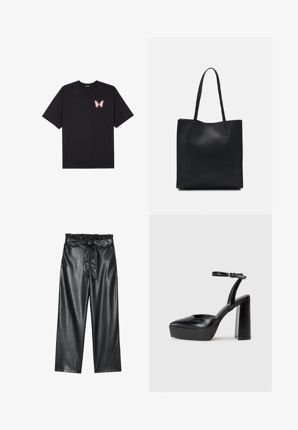 Zwarte katoenen t-shirt met korte mouwen, voorzien van een kleine roze vlinder graphic op de linkerkant van de borst. Crew neck ontwerp met een relaxte fit.; Zwarte faux leren wijde broek met een elastische, gerimpelde tailleband en een afneembare strikriem. Gladde textuur en minimale glans.; Zwarte plateauhakken met een puntige neus en verstelbare enkelband. Gemaakt van soepel leer, met een robuuste blokhak.; Zwarte leren handtas met een gladde textuur, rechthoekige vorm en twee lange handvaten. Geen zichtbare hardware of versieringen.