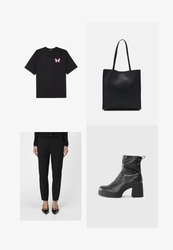 Black cotton t-shirt with short sleeves, featuring a small pink butterfly graphic on the left chest. Crew neck design with a relaxed fit.; Black pinstriped trousers feature a tailored fit with a smooth texture. Paired with shiny black pointed-toe heels, showcasing sleek lines.; Black ankle boots made of smooth leather, featuring a side zipper, chunky textured heel, and rounded toe design.; Black leather tote bag with smooth texture, rectangular shape, and two long handles. No visible hardware or embellishments.