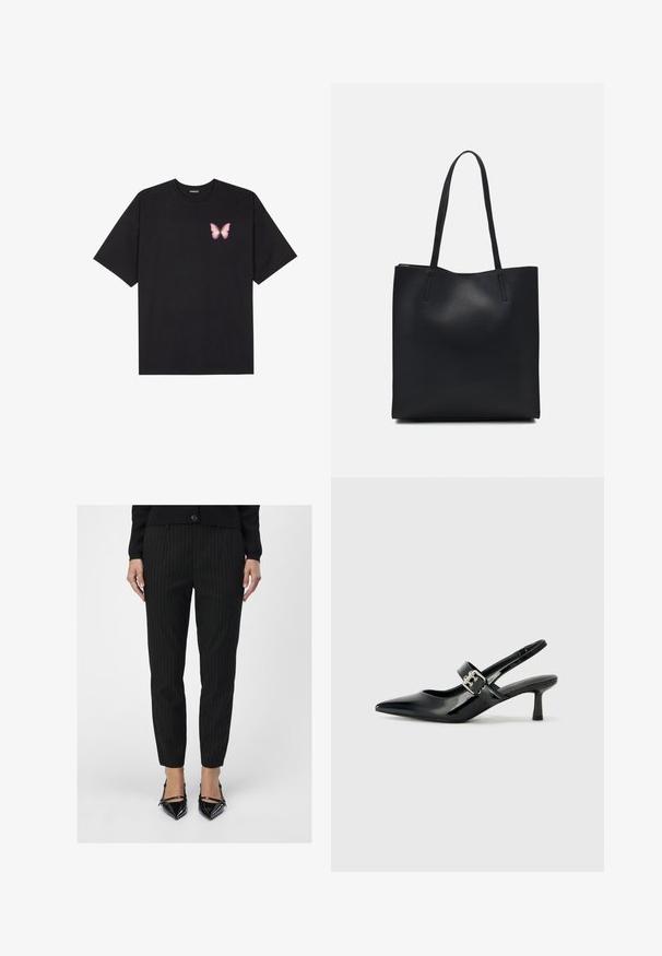 Black cotton t-shirt with short sleeves, featuring a small pink butterfly graphic on the left chest. Crew neck design with a relaxed fit.; Black pinstriped trousers feature a tailored fit with a smooth texture. Paired with shiny black pointed-toe heels, showcasing sleek lines.; Black patent leather slingback heels with a pointed toe and a small block heel, featuring a silver buckle accent on the strap.; Black leather tote bag with smooth texture, rectangular shape, and two long handles. No visible hardware or embellishments.