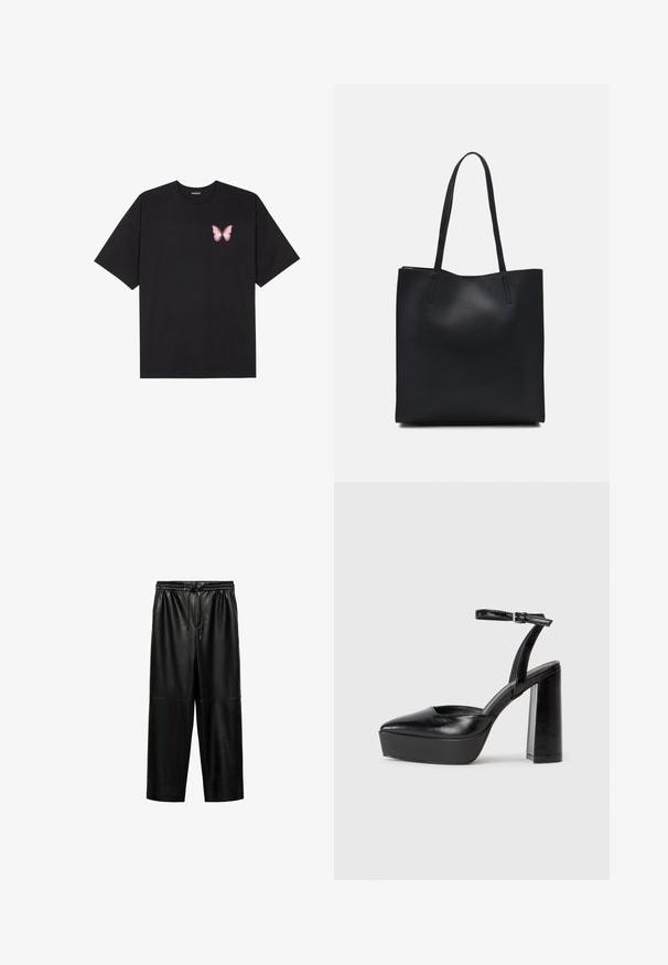 T-shirt en coton noir à manches courtes, avec un petit graphique de papillon rose sur la poitrine gauche. Modèle à col rond avec une coupe décontractée.; Pantalons cropped en simili cuir noir avec une taille élastique, fermeture à cordon de serrage et deux coutures latérales, présentant une texture lisse et une coupe ample.; Escarpins noirs à plateforme avec un bout pointu et une sangle réglable à la cheville. Conçus en cuir lisse, avec un large talon bloc.; Sac fourre-tout en cuir noir avec une texture lisse, de forme rectangulaire et deux longues poignées. Pas de matériel ou d'ornementations visibles.