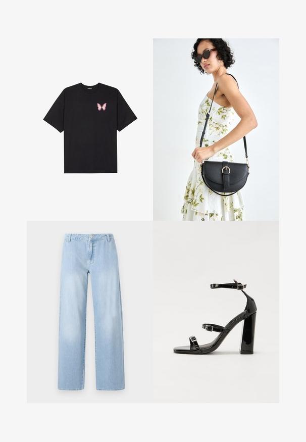 Musta puuvillapaita lyhyillä hihoilla, jossa on pieni vaaleanpunainen perhosgrafiikka vasemmassa rinnassa. Pyöreä kaula-aukko ja rento istuvuus.; Vaaleansiniset leveät farkut, jotka on valmistettu denimi-kankaa. Niissä on nappikiinnitys, viisi taskua ja väljä istuvuus suorilla lahkeilla.; Musta kiiltäväpintainen korkokengät, joissa on kaksi solkikiinnitystä, neliönmuotoinen kärki ja paksu korko, sileällä, kiiltävällä pintarakenteella.; Musta nahkainen käsilaukku, joka on kaareva muotoilultaan, irrotettavalla hihnalla ja kultaisilla yksityiskohdilla. Laukussa on läppä, jossa on solk yksityiskohta.