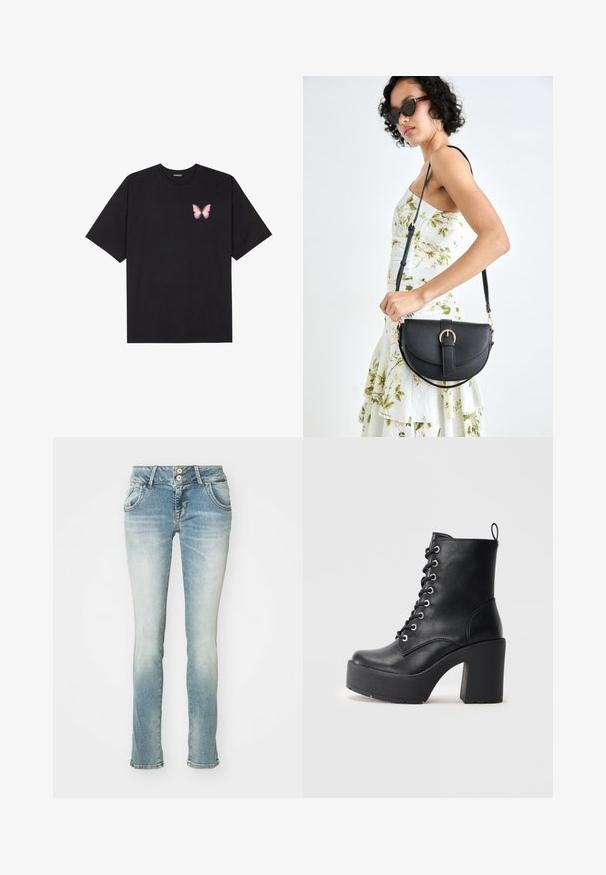 Must muströöpidega must puuvillane T-särk, vasakul rinnal on väike roosa liblikas. Ümar kaelus ja vabalt istuv lõige.; Heledad sinised denimpüksid, kulunud viimistlusega, sirge jala kujundusega, kahe esipocketiga ja kahe nööbiga kinnitamine vööl.; Must mustaankelisaapad, millel on paks plokkkonts, paeltega esiosa ja tekstuurpind. Tagaküljel on lihtsaks jalga panemiseks silmus.; Mustmust mustraha kõverate joontega, eemaldatava rihmaga ja kuldsete detailidega. Kotil on klapp, millel on pandladetail.