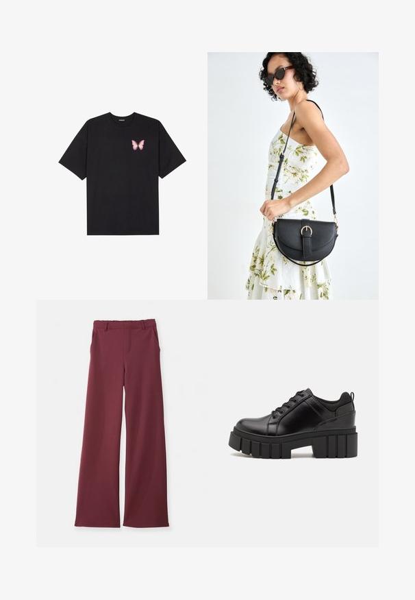 Black cotton t-shirt with short sleeves, featuring a small pink butterfly graphic on the left chest. Crew neck design with a relaxed fit.; Wide-leg trousers in deep burgundy with side pockets, belt loops, and a front seam detail, laid flat on a white background.; Black leather platform shoes with a chunky block heel, round toe, and traditional lace-up design. Features smooth texture and minimal detailing.; Black leather handbag with a curved shape, detachable strap, and gold hardware. The bag features a flap with a buckle detail.