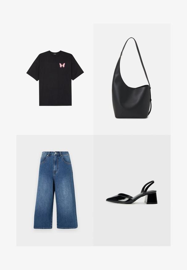 Must muströöpidega must puuvillane T-särk, vasakul rinnal on väike roosa liblikas. Ümar kaelus ja vabalt istuv lõige.; Keskmise sinise tooniga teksased culottes kõrge vöökoht, laiad sääred, viis taskut ning kerge kulumine, metallist nööp ja lukuga sulgemine.; Mustad musta lakknahk kingad, millel on terav varvas ja geomeetriline plokkkonts. Omab elegantselt minimalistlikku disaini ja sujuvat tekstuuri.; Mustast nahast hobo kott, millel on sile tekstuur, kumer kuju ja üks reguleeritav rihm; peal on lai avaus.