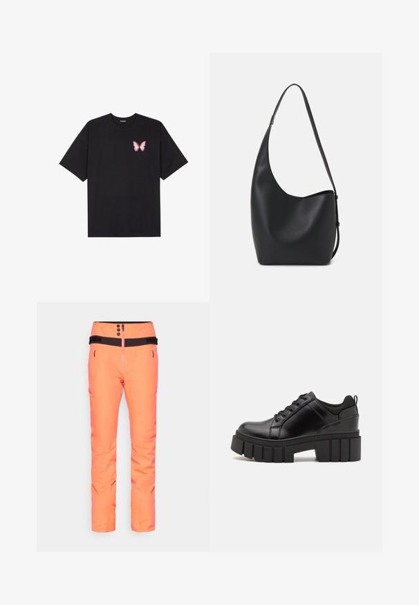 Fekete pamut póló rövid ujjakkal, bal mellkason egy kis rózsaszín pillangó grafikával. Kerek nyakú kialakítás, laza fazonnal.; Fényes narancssárga sínadrág magas derékkal, fekete kiegészítőkkel, funkcionális cipzárral és két oldalzsebbel, vízálló anyagból készült.; Fekete bőr platform cipők vaskos blokk sarkakkal, kerek orral és hagyományos fűzős kialakítással. Simára csiszolt felület és minimális részletezés jellemzi.; Fekete bőr hobo táska sima textúrával, ívelt formával és egyetlen állítható pánttal; széles nyílás található a tetején.