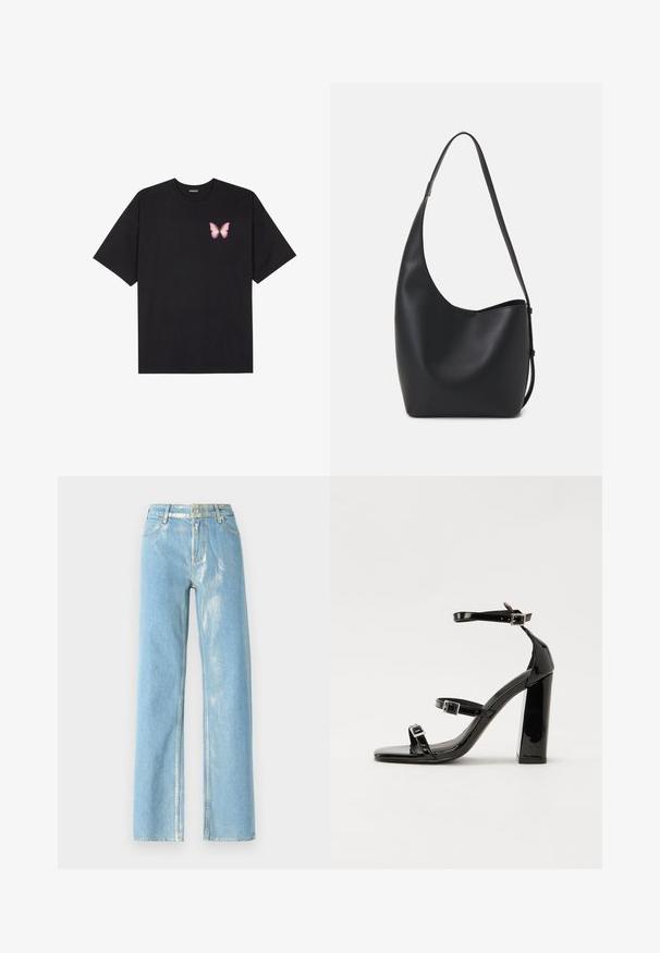 Juodas medvilnės marškinėliai trumpomis rankovėmis, su maža rožine drugelio grafika kairėje krūtinės pusėje. Apvalus kaklo iškirpimas, laisvas kirpimas.; Šviesiai mėlynos plačios džinsinės kelnės su blizgiais akcentais, turinčiomis aukštą liemenį, mygtukų užsegimą ir matomą siuvinėjimą. Lygi džinsinio audinio tekstūra.; Juoda blizgi lakuota basutė su kvadratiniu pirštu, kulkšnies dirželiais ir sidabro sagtimis. Yra tvirta blokinė kulno konstrukcija, užtikrinanti stabilumą.; Juodas odinis hobo maišas su lygiu paviršiumi, kreipta forma ir viena reguliuojama rankena; turi platų atidarymą viršuje.