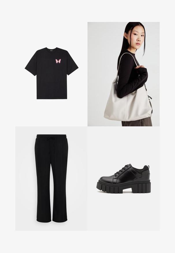 T-shirt en coton noir à manches courtes, avec un petit graphique de papillon rose sur la poitrine gauche. Modèle à col rond avec une coupe décontractée.; Pantalons noirs à coupe décontractée en tissu doux, dotés d'une taille élastique avec cordon de serrage et de jambes larges. Pas de motifs visibles.; Chaussures à plateforme en cuir noir avec un talon bloc épais, bout rond et un design traditionnel à lacets. Elles présentent une texture lisse et un détail minimal.; Sac à main beige en matériau souple, avec un design décontracté, des détails cousus et deux poignées. Idéal pour un usage quotidien.