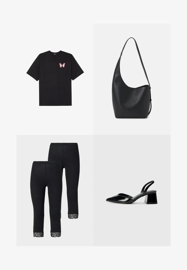Svart bomulls T-skjorte med korte ermer, med en liten rosa sommerfugl grafikk på venstre bryst. Crew-neck design med en avslappet passform.; Sorte leggings med en tettsittende design, med blonder detaljer ved kanten, laget av et mykt, elastisk materiale.; Svarte patentlær slingback hæler med spiss tå og geometrisk blokk hæl. Har et stilrent, minimalistisk design og jevn tekstur.; Svart lær hobo-veske med glatt tekstur, buet form og enkelt justerbart stropp; har en bred åpning på toppen.