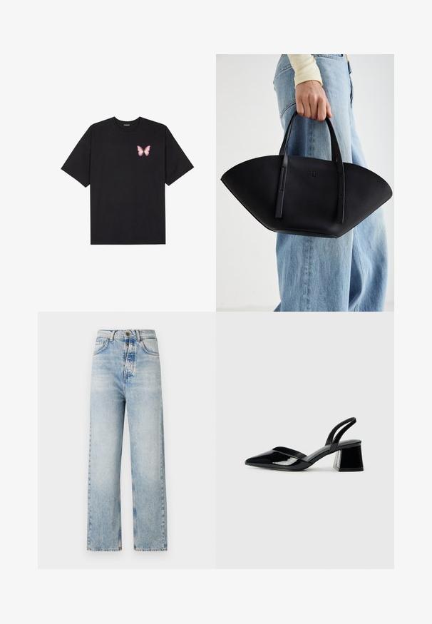 Crna pamučna majica s kratkim rukavima, s malim grafičkim prikazom ružičaste vjetricaste s desne strane na prsima. Dizajn s okruglim izrezom i opuštenim krojem.; Svijetloplave traperice ravnog kroja, izrađene od denima. Imaju pet džepova, kopčanje na dugme i suptilno izbljeđivanje.; Crne lakirane kožne sandale s otvorenom petom i špicastim vrhom, s geometrijskom blok petom. Imaju elegantan, minimalistički dizajn i glatku teksturu.; Crna kožna torba jedinstvenog oblika ventilatora, s ravnim ručkama. Površina ima teksturu sličnu šljunku i minimalistički dizajn.