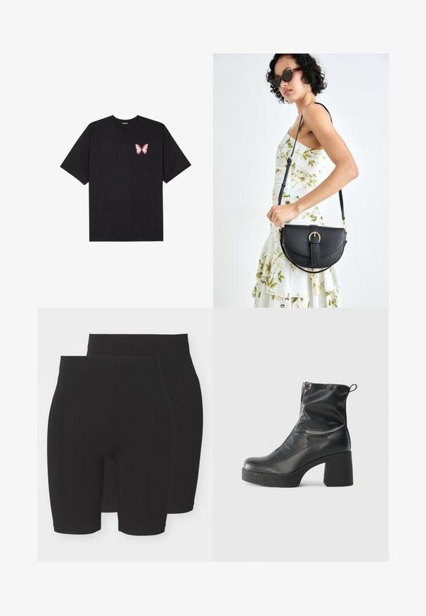 Crna pamučna majica s kratkim rukavima, s malim grafičkim prikazom ružičaste vjetricaste s desne strane na prsima. Dizajn s okruglim izrezom i opuštenim krojem.; Crne elastične kratke hlače jednostavnog dizajna, s srednje visokim pojasom i glatkom, mekanom teksturom. Dolazi u paketu od dva komada.; Crne gležnjače od glatke kože, s bočnim zatvaračem, debelim teksturiranim potplatom i dizajnom s zaobljenim prstima.; Crna kožna torba s lukovitim oblikom, odvojivim remenom i zlatnim detaljima. Torba ima preklop s kopčom.