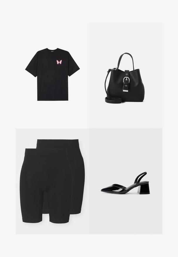 Fekete pamut póló rövid ujjakkal, bal mellkason egy kis rózsaszín pillangó grafikával. Kerek nyakú kialakítás, laza fazonnal.; Fekete, rugalmas anyagú rövidnadrág egyszínű kialakítással, középmagas derékkal és sima, puha textúrával. Két darabos csomagban kapható.; Fekete lakk bőr szandálkés magas sarkú cipő, hegyes orral és geometrikus tömbsarkakkal. Karcsú, minimalista dizájn és sima textúra jellemzi.; Fekete, sima bőrből készült vödör táska, amely strukturált formával, rövid fogantyúval és levehető vállpánttal rendelkezik. Ezüst csat részlet.