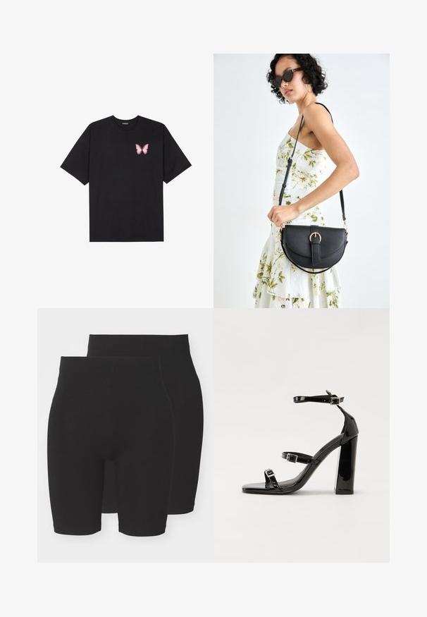 Zwarte katoenen t-shirt met korte mouwen, voorzien van een kleine roze vlinder graphic op de linkerkant van de borst. Crew neck ontwerp met een relaxte fit.; Zwarte rekbare shorts in een effen ontwerp, met een middelhoge tailleband en een gladde, zachte textuur. Wordt geleverd in een verpakking van twee.; Zwarte gepatenteerde sandalen met hak en een vierkante neus, enkelbandjes en zilveren gespen. Heeft een stevige blokhak voor stabiliteit.; Zwarte leren handtas met een gebogen vorm, afneembare schouderband en gouden hardware. De tas heeft een klep met een gespsluiting.
