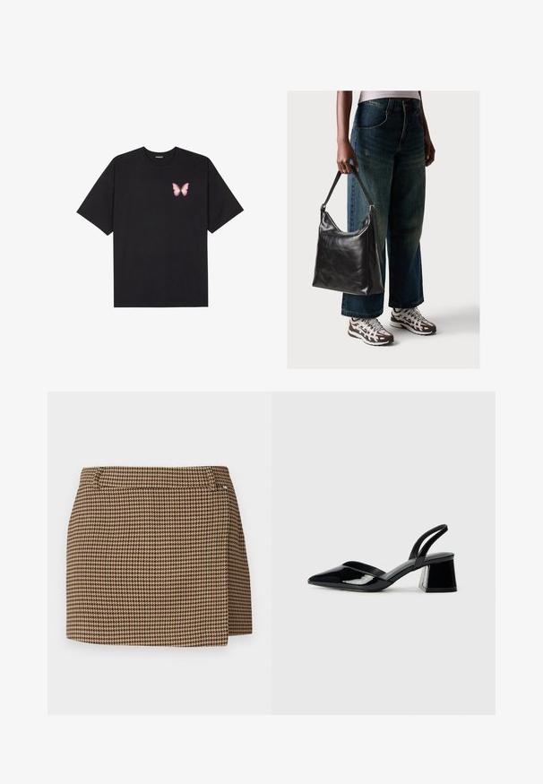 Černé bavlněné tričko s krátkým rukávem, na levém prsou s malou grafikou růžové motýlky. Design s kruhovým výstřihem a volným střihem.; Mini sukně s hnědým a béžovým vzorem houndstooth, mírným zavinutím a poutky na opasek na bílém pozadí.; Černé lakované kožené lodičky na pásku s špičatou špičkou a geometrickým blokovým podpatkem. Vyznačují se elegantním, minimalistickým designem a hladkým povrchem.; Černá kožená kabelka přes rameno se hladkým povrchem a nastavitelným popruhem, spárovaná s vybledlými džínami širokého střihu a sportovními teniskami.