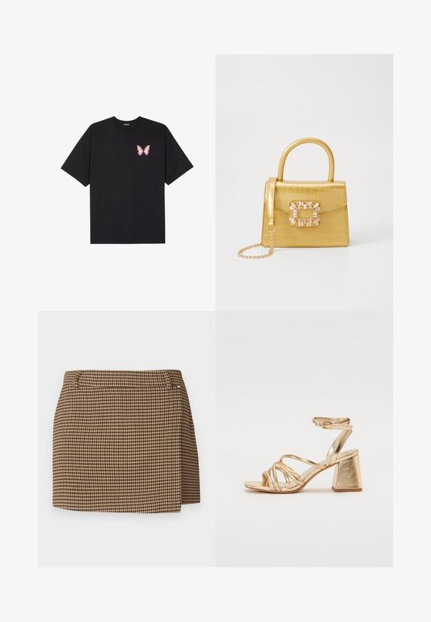Svart bomullströja med korta ärmar, med en liten rosa fjärilsgrafik på vänster bröst. Rundad halsdesign med en avslappnad passform.; Brun och beige hundtandsmönstrad minikjol med en lätt wrapdetalj och bältesöglor på vit bakgrund.; Guldmetalliska klacksandaler med ett snörningsdesign, fyrkantig blockklack och justerbar ankelrem med spänne. Slät textur.; Gul faux-krokodilhandväska med en strukturerad design, topphandtag, avtagbar kedjesladd och dekorativa kristalldekorationer på klämman.