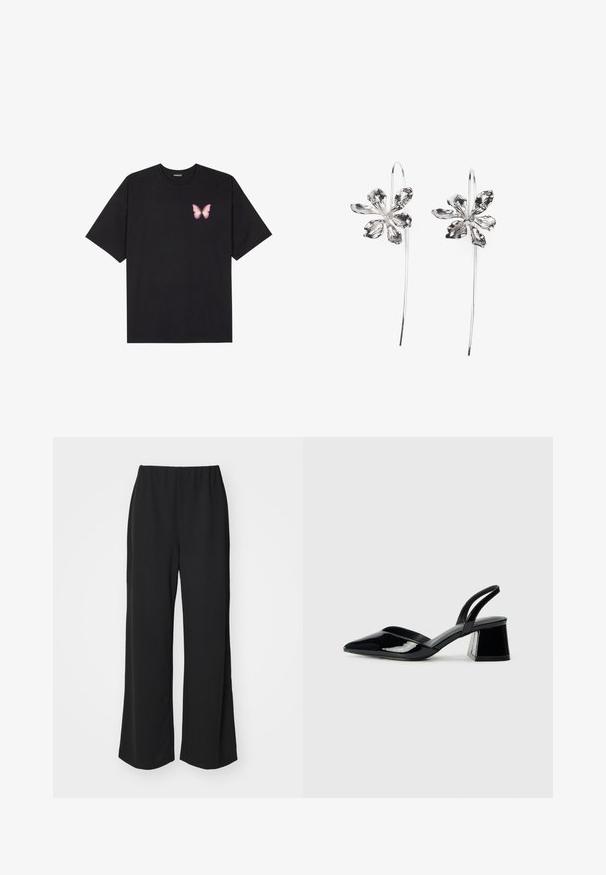 T-shirt de algodão preto com mangas curtas, apresentando um pequeno gráfico de borboleta rosa no lado esquerdo do peito. Design de gola redonda com um corte solto.; Calças largas pretas com uma cintura elástica, feitas de um tecido suave, apresentando um design simples e despojado.; Sandy em verniz preto com salto slingback, ponta afilada e salto geométrico. Apresenta um design elegante e minimalista com textura suave.; Brincos em forma de flor prateados com um acabamento texturizado, apresentando ganchos longos e detalhes semelhantes a pétalas para um design intrincado.