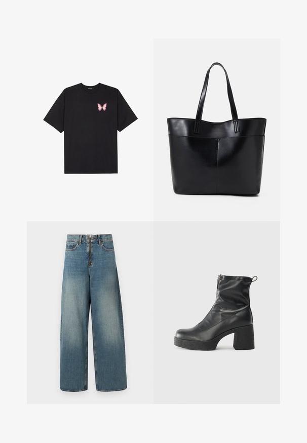 Svart bomullströja med korta ärmar, med en liten rosa fjärilsgrafik på vänster bröst. Rundad halsdesign med en avslappnad passform.; Vide denimjeans i en ljusblå tvätt. Har en dragkedja med knappstängning och subtilt blekning för en använd look.; Svarta ankelstövlar i slitstark läder, med sidodragkedja, kraftig strukturerad klack och rundad tådesign.; Svart läder tote-väska med två långa handtag, en slät yta och en strukturerad form. Har en framficka för extra förvaring.