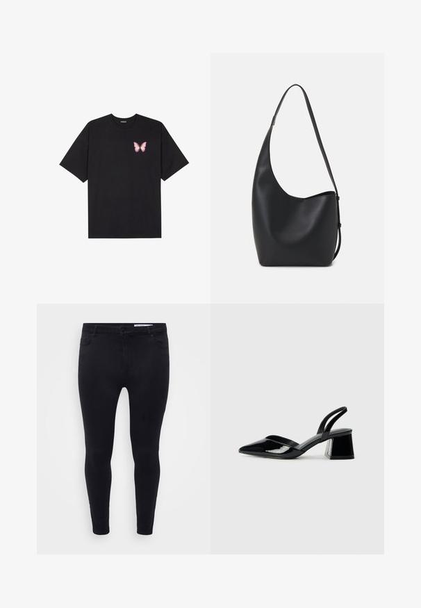 Crna pamučna majica s kratkim rukavima, s malim grafičkim prikazom ružičaste vjetricaste s desne strane na prsima. Dizajn s okruglim izrezom i opuštenim krojem.; Crne uske traperice izrađene od rastezljivog denima, s prednjim zatvaranjem na dugme, petljama za remen i pet džepova s glatkom teksturom.; Crne lakirane kožne sandale s otvorenom petom i špicastim vrhom, s geometrijskom blok petom. Imaju elegantan, minimalistički dizajn i glatku teksturu.; Crna kožna hobo torba s glatkom teksturom, zakrivljenim oblikom i jednom podesivom trakicom; ima širok otvor na vrhu.
