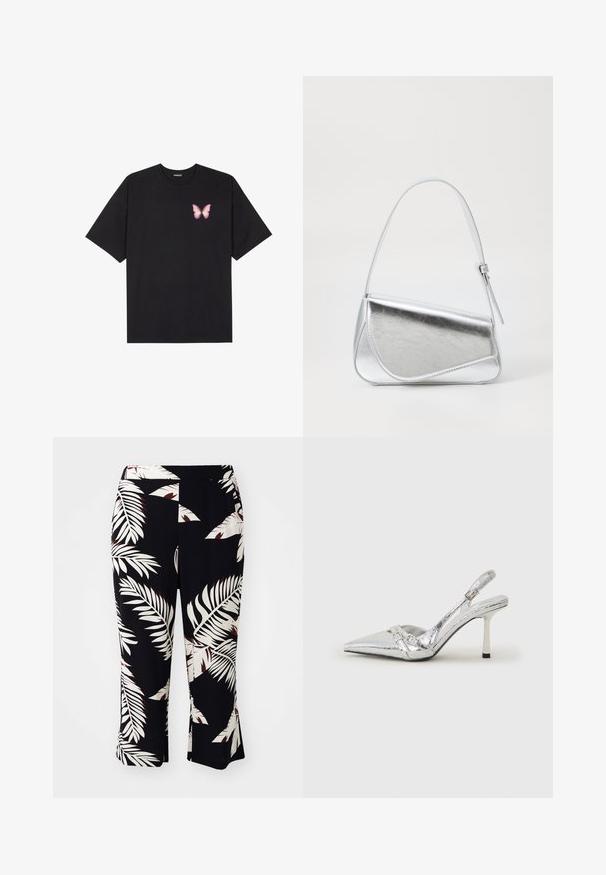 Fekete pamut póló rövid ujjakkal, bal mellkason egy kis rózsaszín pillangó grafikával. Kerek nyakú kialakítás, laza fazonnal.; Fekete nadrág fehér és piros trópusi levélmintával, élénk fazonú és gumis derekú, sima anyagból készült.; Ezüst slingback magas sarkú cipő hegyes orral, fémszerű felülettel, két dekoratív pánttal és vékony sarkú, fekete végű dizájnnal.; Ezüst fémes kézitáska háromszög alakú, sima felületű és vékony, állítható vállpánttal. Jellemzője a hajtott fedél, díszítéssel.