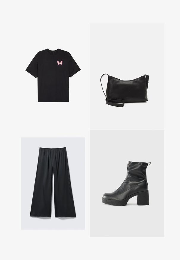 Must muströöpidega must puuvillane T-särk, vasakul rinnal on väike roosa liblikas. Ümar kaelus ja vabalt istuv lõige.; Mustad laiad püksid, mis on valmistatud kergest kangast, elastse vöökoha ja sileda, veidi läikiva tekstuuriga. Omavad mugavat istuvust.; Mustad mustad ansapüksid, mis on valmistatud siledast nahast, külje zipperiga, paksu tekstuuriga kontsaga ja ümmarguse nina disainiga.; Mustmust nahk õlakotil on sile tekstuur, kumer kuju, reguleeritav rihm ja lukuga sulgemine. Minimalistlik disain ilma kaunistusteta.