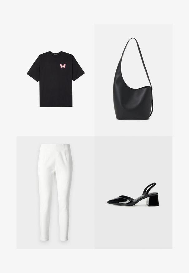 Juodas medvilnės marškinėliai trumpomis rankovėmis, su maža rožine drugelio grafika kairėje krūtinės pusėje. Apvalus kaklo iškirpimas, laisvas kirpimas.; Baltos, lieknos kelnės, pagamintos iš tekstūruoto audinio, su aukštu juosmeniu ir minimaliais siūlais, užtikrinančiomis švarų siluetą. Puikiai tinka kasdieniam dėvėjimui.; Juodos lakuotos odinės šlepetės su smailiu pirštu ir geometriniu bloko kulnu. Turi elegantišką, minimalistinį dizainą ir lygų paviršių.; Juodas odinis hobo maišas su lygiu paviršiumi, kreipta forma ir viena reguliuojama rankena; turi platų atidarymą viršuje.