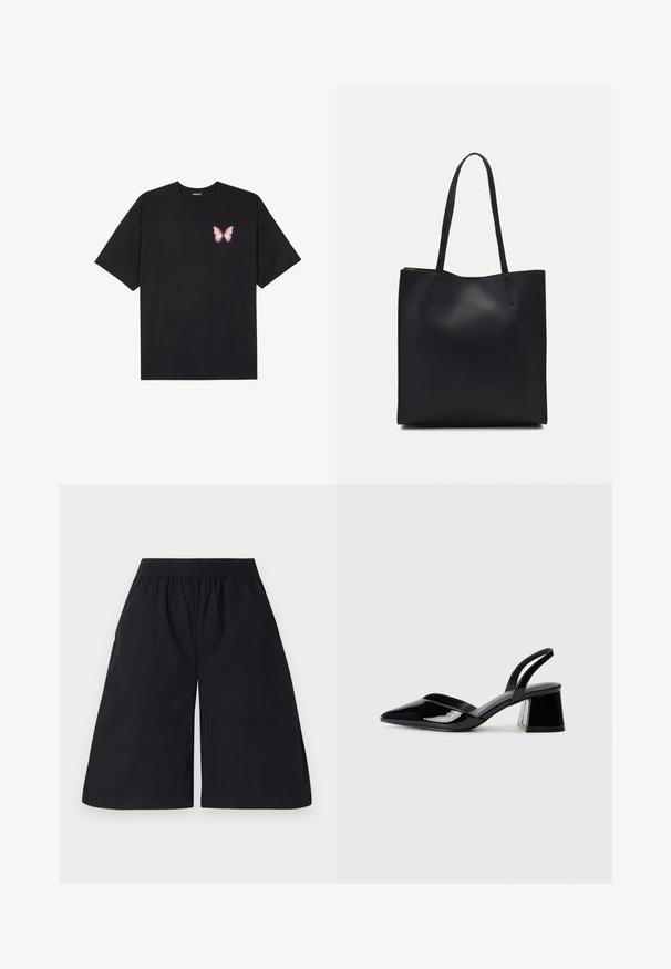 Melna kokvilnas T-krekls ar īsām piedurknēm, kuram priekšā kreisajā pusē ir neliels rozā tauriņa grafiskais attēls. Ar apaļu kaklu un brīvā stila piegriezumu.; Melni šorti ar elastīgu jostu, līdz ceļiem, gluda tekstūra un divām sānu kabatām. Nav redzamu rakstu vai aparatūras.; Melna lakota āda ar atvērto papēdi, ar smailu purngalu un ģeometrisku blokpapēdi. Iezīmējas elegants, minimāls dizains un gluda tekstūra.; Melnas ādas somiņa ar gludu tekstūru, taisnstūra formu un divām garām rokturiem. Nav redzamu aparatūras vai rotājumu.