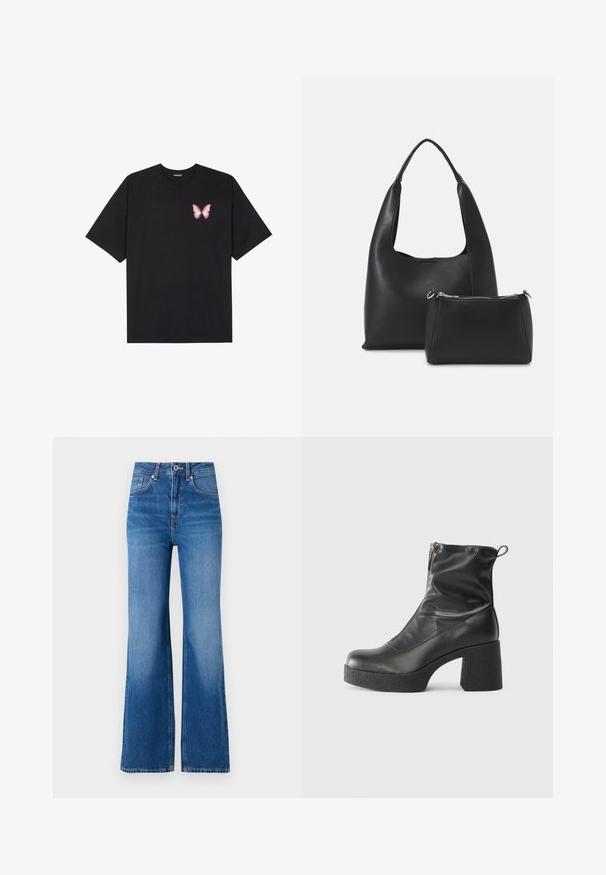 Must muströöpidega must puuvillane T-särk, vasakul rinnal on väike roosa liblikas. Ümar kaelus ja vabalt istuv lõige.; Laiad sinised teksapüksid kõrge vöökoha ja tõmbluku, nupuga kinnituse ning jalgade ääres kerge fading'uga.; Mustad mustad ansapüksid, mis on valmistatud siledast nahast, külje zipperiga, paksu tekstuuriga kontsaga ja ümmarguse nina disainiga.; Even&Odd Käekott - black