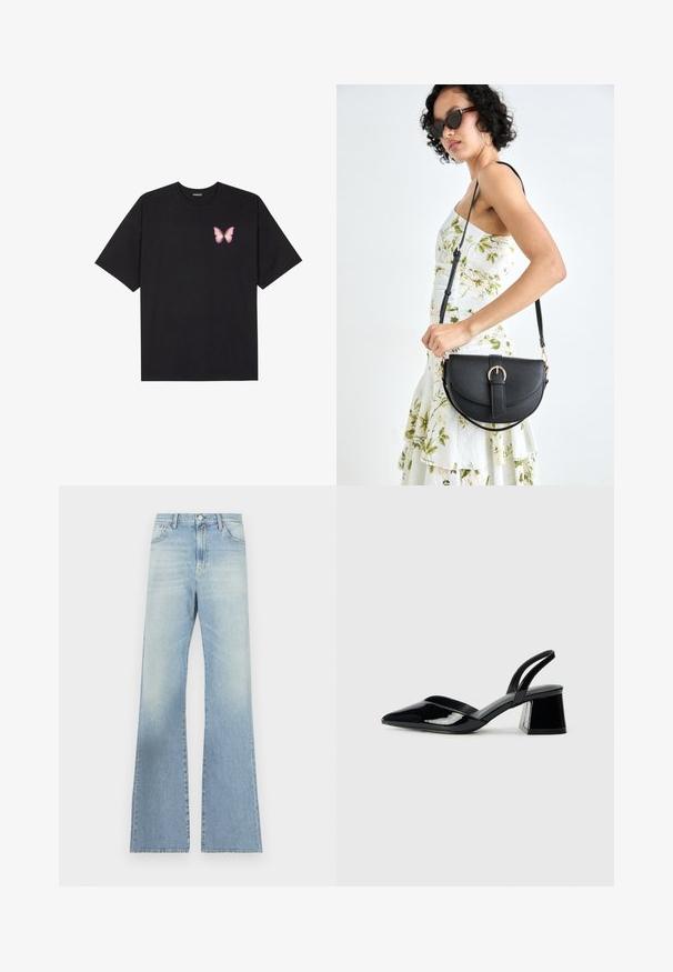 Crna pamučna majica s kratkim rukavima, s malim grafičkim prikazom ružičaste vjetricaste s desne strane na prsima. Dizajn s okruglim izrezom i opuštenim krojem.; Svijetloplave široke traperice od denima, s visokim strukom, zatvaranjem na dugme s patentnim zatvaračem, i izbjeljenim pranjem s suptilnim varijacijama teksture.; Crne lakirane kožne sandale s otvorenom petom i špicastim vrhom, s geometrijskom blok petom. Imaju elegantan, minimalistički dizajn i glatku teksturu.; Crna kožna torba s lukovitim oblikom, odvojivim remenom i zlatnim detaljima. Torba ima preklop s kopčom.