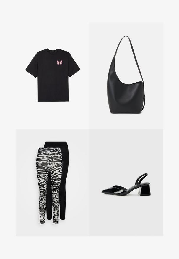 Fekete pamut póló rövid ujjakkal, bal mellkason egy kis rózsaszín pillangó grafikával. Kerek nyakú kialakítás, laza fazonnal.; Két pár leggings: az egyik fekete-narancs csíkos zebra mintázattal, a másik egyszínű fekete. Puha, rugalmas anyag, testhez álló fazon.; Fekete lakk bőr szandálkés magas sarkú cipő, hegyes orral és geometrikus tömbsarkakkal. Karcsú, minimalista dizájn és sima textúra jellemzi.; Fekete bőr hobo táska sima textúrával, ívelt formával és egyetlen állítható pánttal; széles nyílás található a tetején.