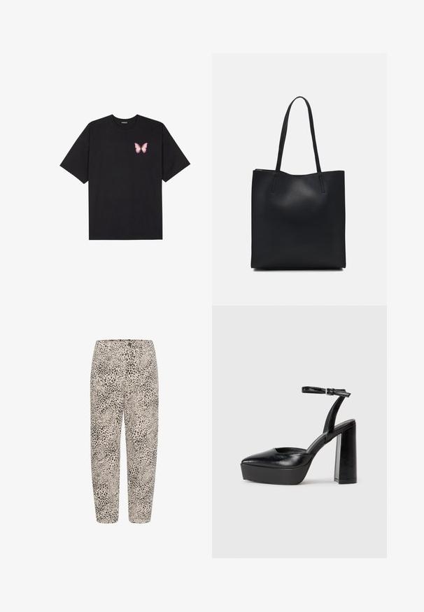 Črna bombažna majica s kratkimi rokavi, ki ima majhen roza metuljček na levi strani prsnega dela. Majica s krožnim ovratnikom in sproščenim krojem.; Hlače s leopardjim vzorcem na bež podlagi, z elastičnim pasom, ravnimi nogami in mehkobo tkanine.; Črne platforme z visokimi petami in koničastim nosom ter nastavljivim gležnjenjskim trakom. Narejene iz gladke usnje, s kockasto peto.; Črna usnjena torba s svilnato teksturo, pravokotne oblike in dvema dolgima ročajema. Brez vidnih metalnih delov ali okrasnih elementov.