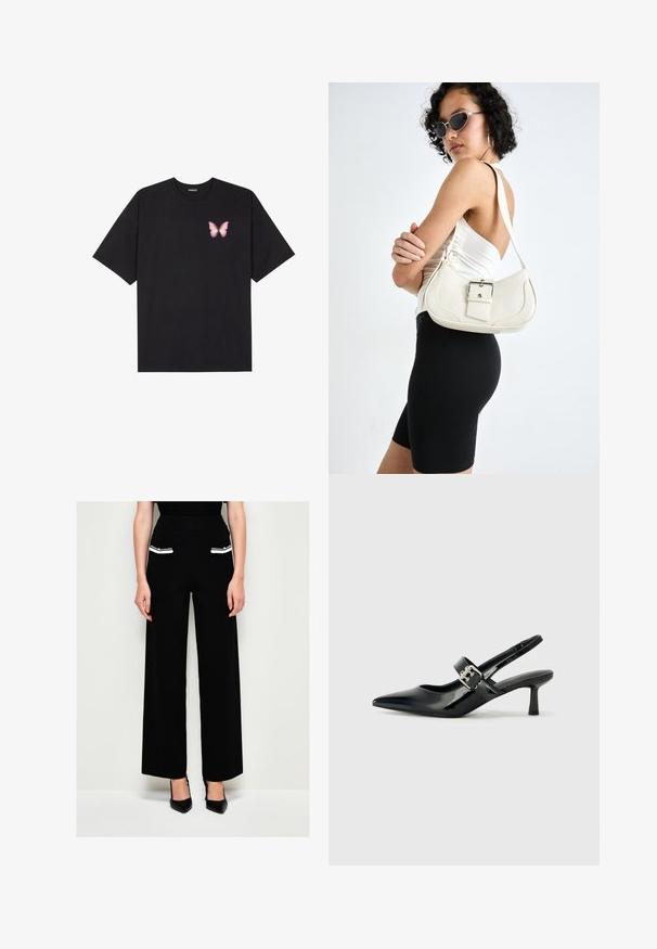 Zwarte katoenen t-shirt met korte mouwen, voorzien van een kleine roze vlinder graphic op de linkerkant van de borst. Crew neck ontwerp met een relaxte fit.; adL Broek - black; Zwarte gepatineerde leren slingback hakken met een puntige neus en een kleine blokhak, met een zilveren gespaccent op de band.; Witte leren handtas met een gebogen vorm, verstelbare schouderriem en een klein gesp detail. Model draagt een strakke zwarte outfit.