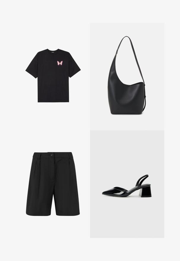 Camiseta de algodón negra de manga corta, con un pequeño gráfico de mariposa rosa en el lado izquierdo del pecho. Diseño de cuello redondo con un corte relajado.; Pantalones cortos negros con un diseño ajustado, que presentan pliegues delanteros, un frente plano y un cierre de un solo botón. Textura de tela suave.; Zapatos de tacón slingback de charol negro con punta afilada y tacón geométrico en bloque. Presentan un diseño elegante y minimalista, así como una textura suave.; Bolso tipo hobo de cuero negro con una textura suave, forma curvada y una sola correa ajustable; presenta una amplia apertura en la parte superior.