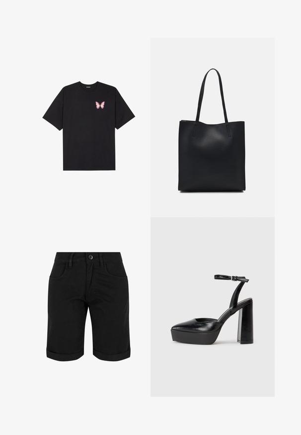 Camiseta de algodón negra de manga corta, con un pequeño gráfico de mariposa rosa en el lado izquierdo del pecho. Diseño de cuello redondo con un corte relajado.; Bermudas de algodón negro con cierre de botón, con puños enrollados, dos bolsillos frontales y una textura suave.; Zapatos de tacón negro con punta afilada y correa ajustable en el tobillo. Confeccionados en cuero suave, presentan un tacón grueso.; Bolso tote de cuero negro con textura lisa, forma rectangular y dos asas largas. Sin herrajes ni adornos visibles.
