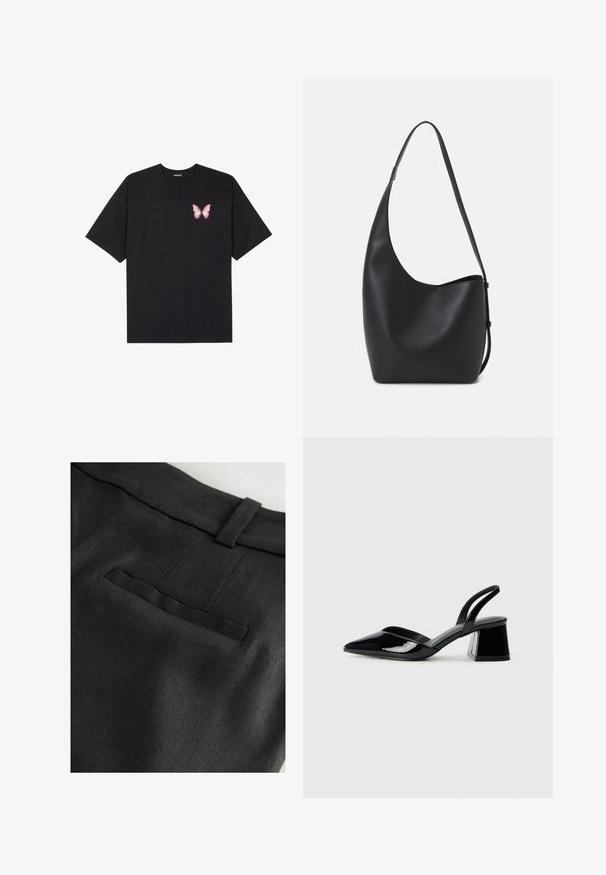 Schwarzes Baumwoll-T-Shirt mit kurzen Ärmeln, das ein kleines pinkes Schmetterlingsmotiv auf der linken Brust zeigt. Crewneck-Design mit einem entspannten Schnitt.; Next RICH TAILORED JORT - Shorts - black; Schwarze Lackleder-Slingback-High Heels mit spitzem Schuh und einem geometrischen Blockabsatz. Verfügt über ein schlankes, minimalistisches Design und eine glatte Textur.; Schwarze Leder-Hobo-Tasche mit einer glatten Textur, geschwungener Form und einem einzelnen verstellbaren Tragegurt; verfügt über eine weite Öffnung am oberen Ende.