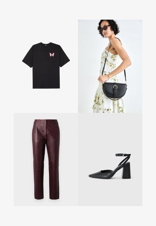 Sort bomulds T-shirt med korte ærmer, prydet med en lille pink sommerfugl grafik på venstre bryst. Rund hals design med en afslappet pasform.; Burgundy læderbukser med en tætsiddende design, subtil glans og glat overflade. Har en mellemhøj talje og lige ben.; Sort læder spidse pumps med ankelrem og en chunky hæl. Flad tekstur, slankt design og minimalistisk æstetik.; Sort læderhåndtaske med en buet form, aftagelig rem og guldfinish. Tasken har en klap med en spænde detalje.