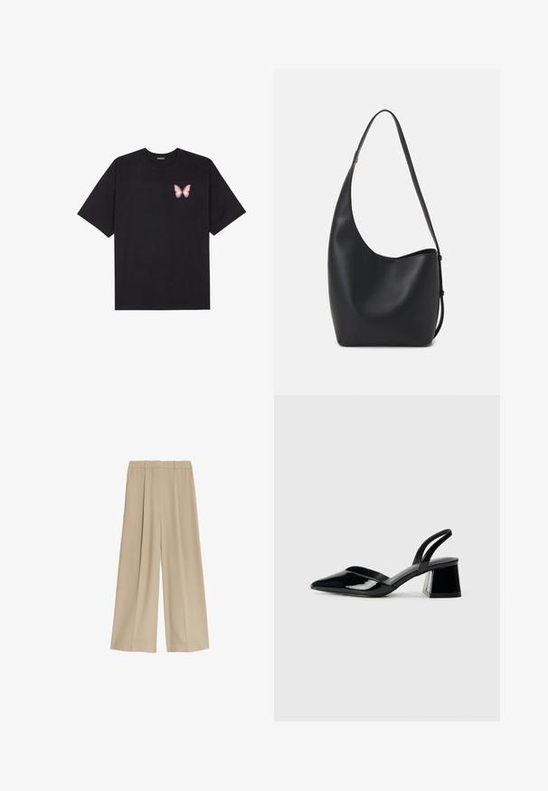 Schwarzes Baumwoll-T-Shirt mit kurzen Ärmeln, das ein kleines pinkes Schmetterlingsmotiv auf der linken Brust zeigt. Crewneck-Design mit einem entspannten Schnitt.; Beige weite Hosen mit glatter Textur, ausgestattet mit zwei seitlichen Taschen und einem flachen Bund, entworfen für eine entspannte Passform.; Schwarze Lackleder-Slingback-High Heels mit spitzem Schuh und einem geometrischen Blockabsatz. Verfügt über ein schlankes, minimalistisches Design und eine glatte Textur.; Schwarze Leder-Hobo-Tasche mit einer glatten Textur, geschwungener Form und einem einzelnen verstellbaren Tragegurt; verfügt über eine weite Öffnung am oberen Ende.