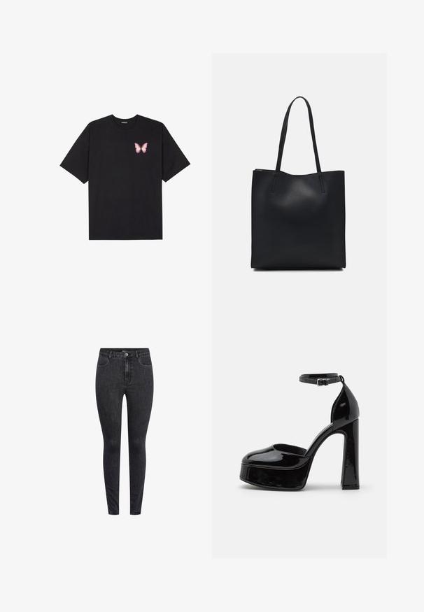 Μαύρο βαμβακερό μπλουζάκι με κοντά μανίκια, διαθέτοντας ένα μικρό ροζ γραφικό πεταλούδας στο αριστερό στήθος. Σχέδιο με στρογγυλή λαιμόκοψη και άνετη εφαρμογή.; Μαύρα στενά τζιν παντελόνια από τζιν ύφασμα, με ψηλή μέση, κλείσιμο μπροστά με κουμπί και διακριτικές αναδιπλώσεις στη σημεία των μηρών.; Μαύρες παπούτσια στιλέτο από πατενταρισμένο δέρμα, με λουράκι στον αστράγαλο, στρογγυλή μύτη και τετράγωνο τακούνι, που παρουσιάζουν μια λεία, γυαλιστερή υφή.; Μαύρη δερμάτινη τσάντα tote με λείο υφή, ορθογώνιο σχήμα και δύο μακριές λαβές. Χωρίς ορατό υλικό ή διακοσμητικά στοιχεία.