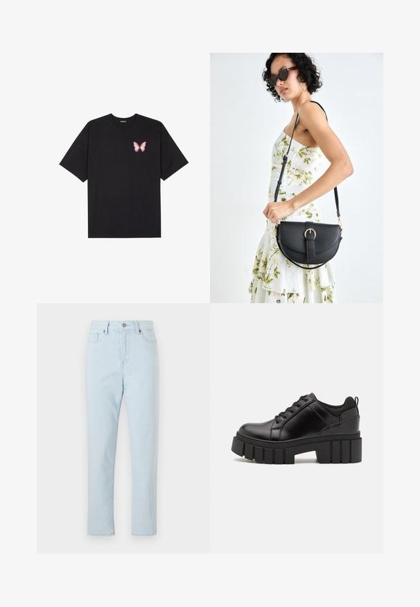 Svart bomullströja med korta ärmar, med en liten rosa fjärilsgrafik på vänster bröst. Rundad halsdesign med en avslappnad passform.; Högmidjade ljusblå raka jeans med framfickor, bältesöglor, knappstängning och synlig sömnad längs benen.; Svarta läderplattformsskor med en kraftig blockklack, rund tå och traditionell snörningsdesign. Har en slät textur och minimal detaljering.; Svart läderhandväska med en böjd form, avtagbar rem och guldiga detaljer. Väskan har ett lock med en spänndetalj.